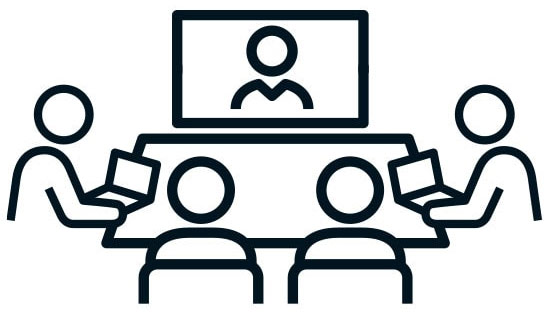 Sketch of a videoconference with 4 people at the table and another person connected to a monitor