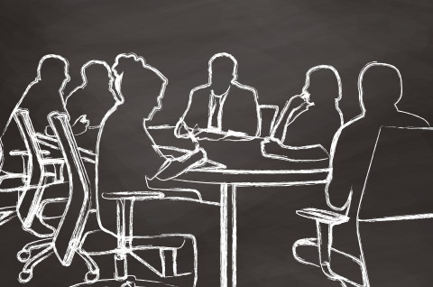 Konturenhaft dargestellte Personen sitzen an einem Konferenztisch