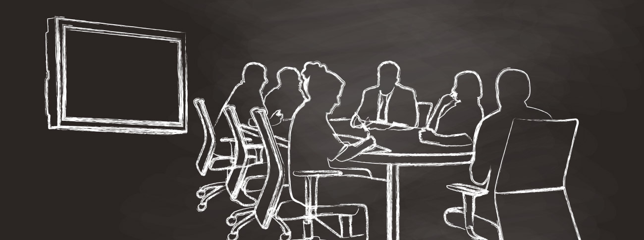 Konturenhaft dargestellte Personen sitzen an einem Konferenztisch