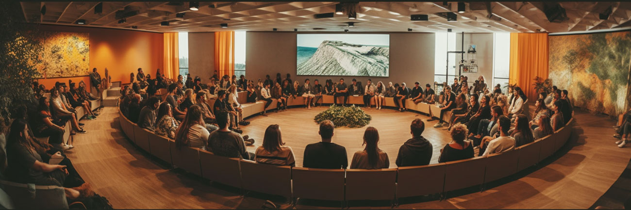 Runder moderner Konferenzsaal ist gut gefüllt mit Teilnehmenden