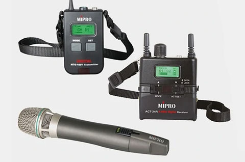 MTG-100 personal guidance system from the manufacturer Mipro with receivers and a handheld transmitter