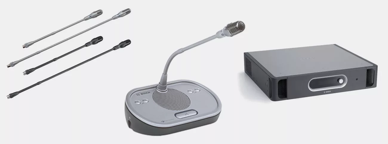 Mikrofonsprechstelle und Zentraleinheit sowie verschiedene montierbare Schwanenhalsmikrofone der Mikrofonkette DCN des Herstellers Bosch