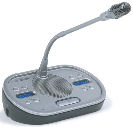 A microphone unit with buttons and gooseneck microphone of the BOSCH DCN discourse system.