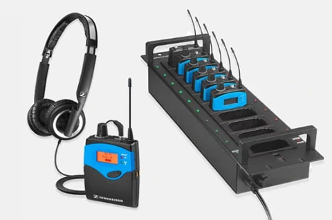 Sennheiser EK1039 whispering and guiding system with receivers and charging stations