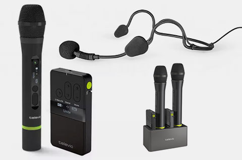 Whispering and guiding system type UNITE from Televic with handheld microphone and headset microphone, receivers as well as charging stations