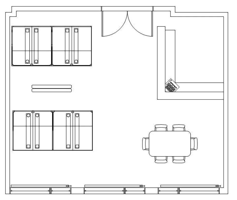 Эскиз макета студии устного перевода в Мюнхене с 4 кабинами для устного перевода, комнатой управления звуком и видео и столом для переговоров
