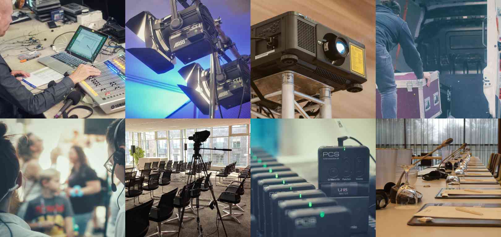 Bilder unterschiedlicher Veranstaltungstechnik wie Projektor, Mikrofone, Mischpult, Kamera und mehr. Zum Thema Veranstaltungstechnik mieten.