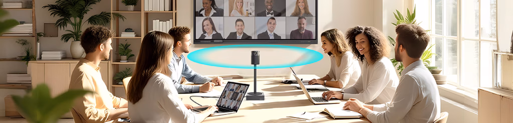 KI videokonferenz &ndash; Die Innex Omni ist eine 360°-Konferenzkamera mit vier 4K-Objektiven, integrierter KI und ausgefeilter Audiotechnik. Sie erfasst alle Teilnehmerinnen im Raum, erkennt automatisch Sprecherinnen, reduziert Störgeräusche.